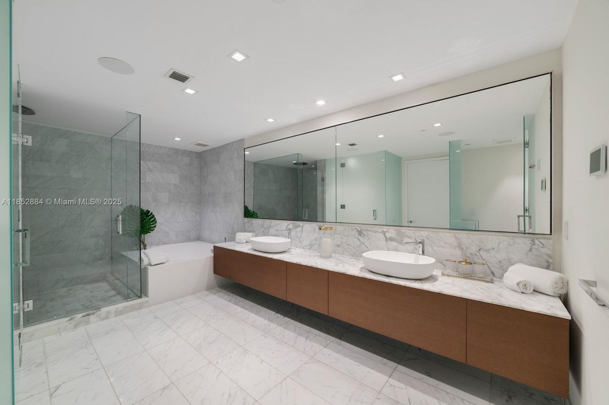 Bathroom, Dual Sink Vanities, Glass Shower, Interior, Marble, Recessed Lighting