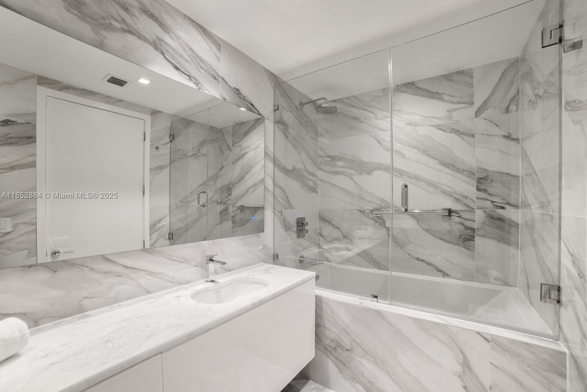 Bathroom, Glass Shower, Interior, Marble, Marble Walls, Recessed Lighting