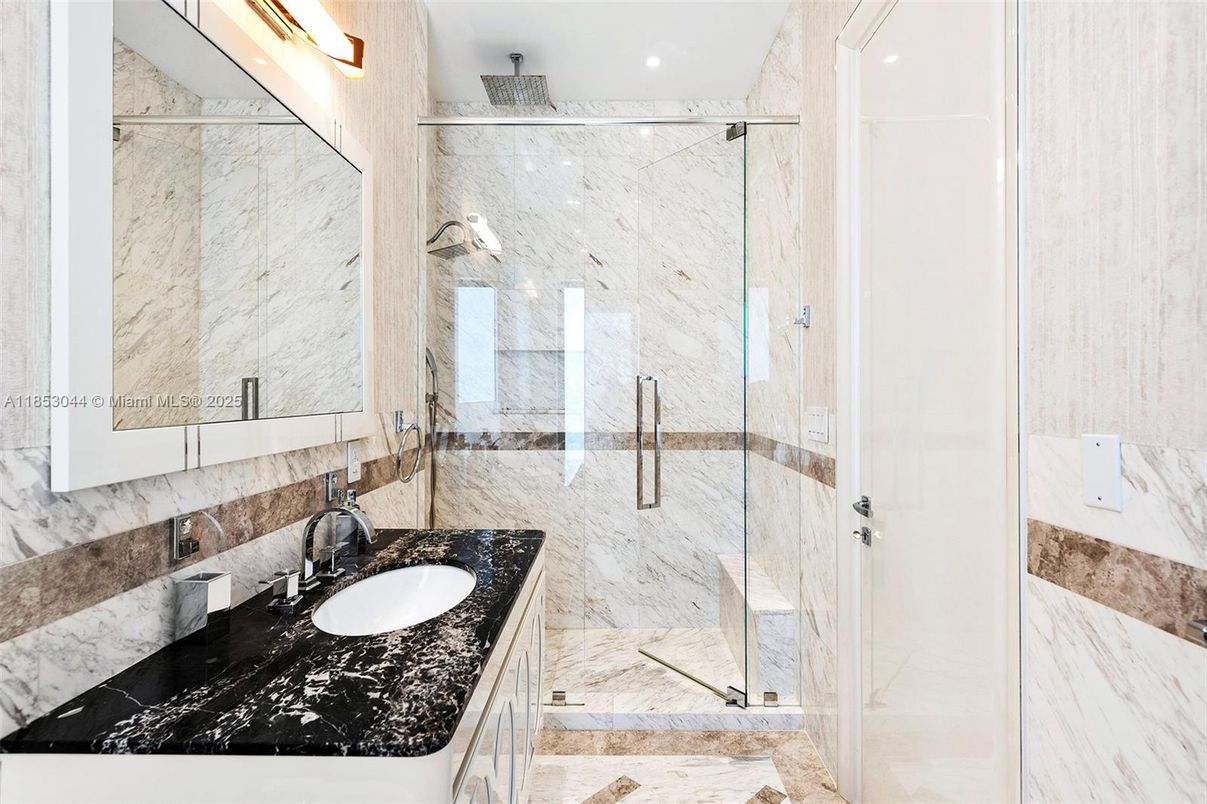 Bathroom, Glass Shower, Interior, Marble Walls, Recessed Lighting