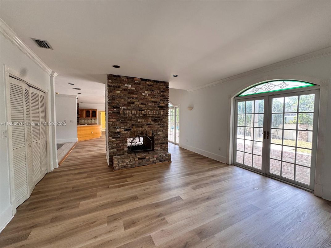 Empty room, Fireplace, Interior, Recessed Lighting, Wood Texture Flooring