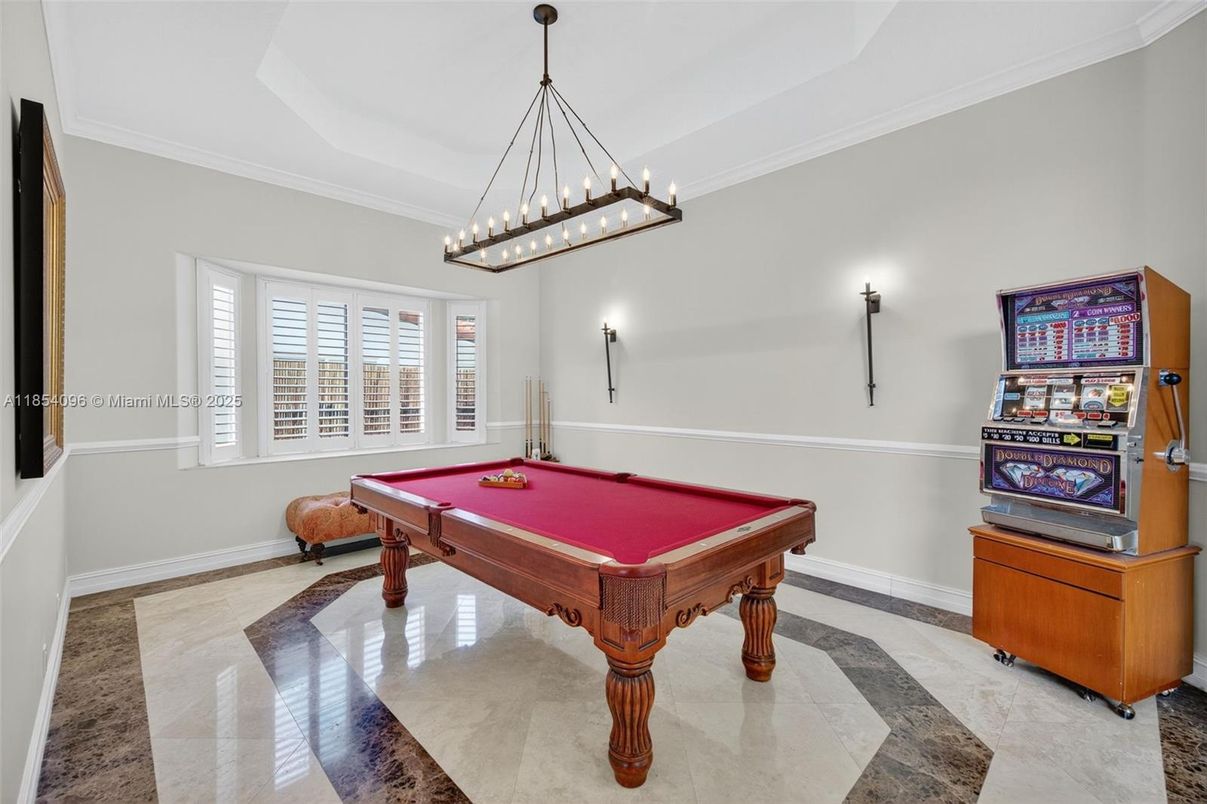 Billiard Table, Chandelier, Game Room, Interior, Pendant Lights