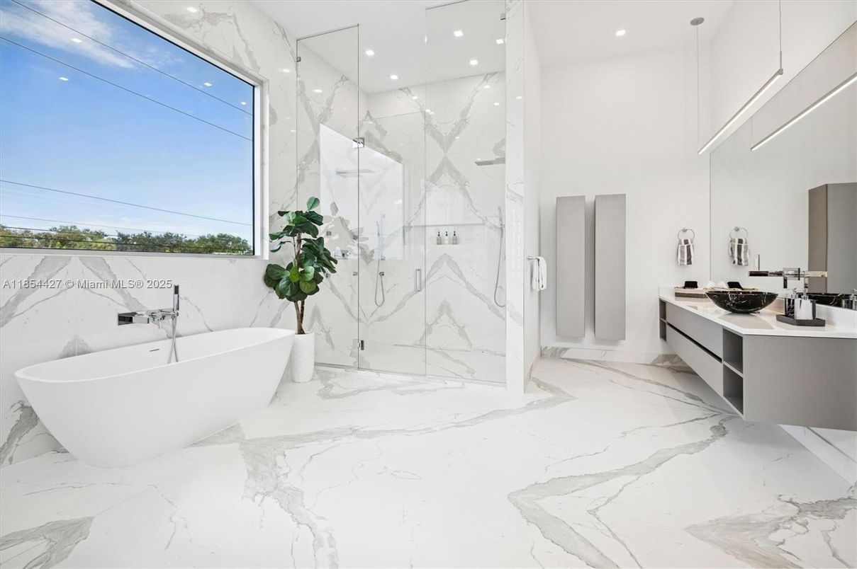 Bathroom, Free Standing Baths, Glass Shower, Interior, Marble, Marble Walls, Recessed Lighting
