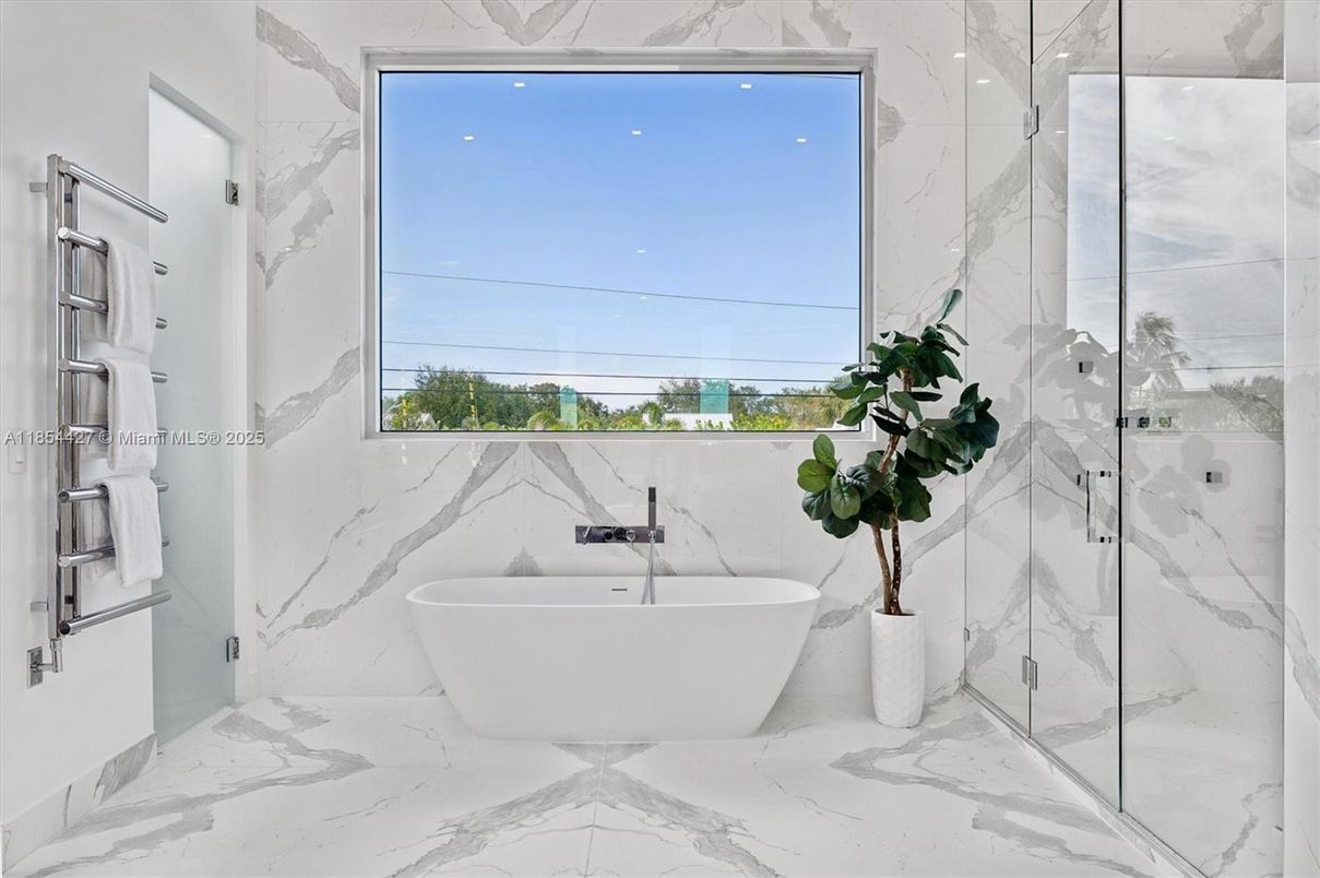 Bathroom, Free Standing Baths, Glass Shower, Interior, Marble, Marble Walls