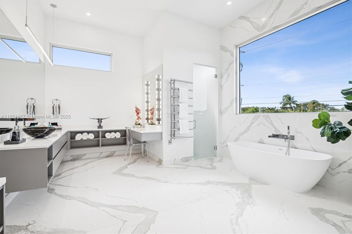 Bathroom, Free Standing Baths, Interior, Marble, Marble Walls, Recessed Lighting
