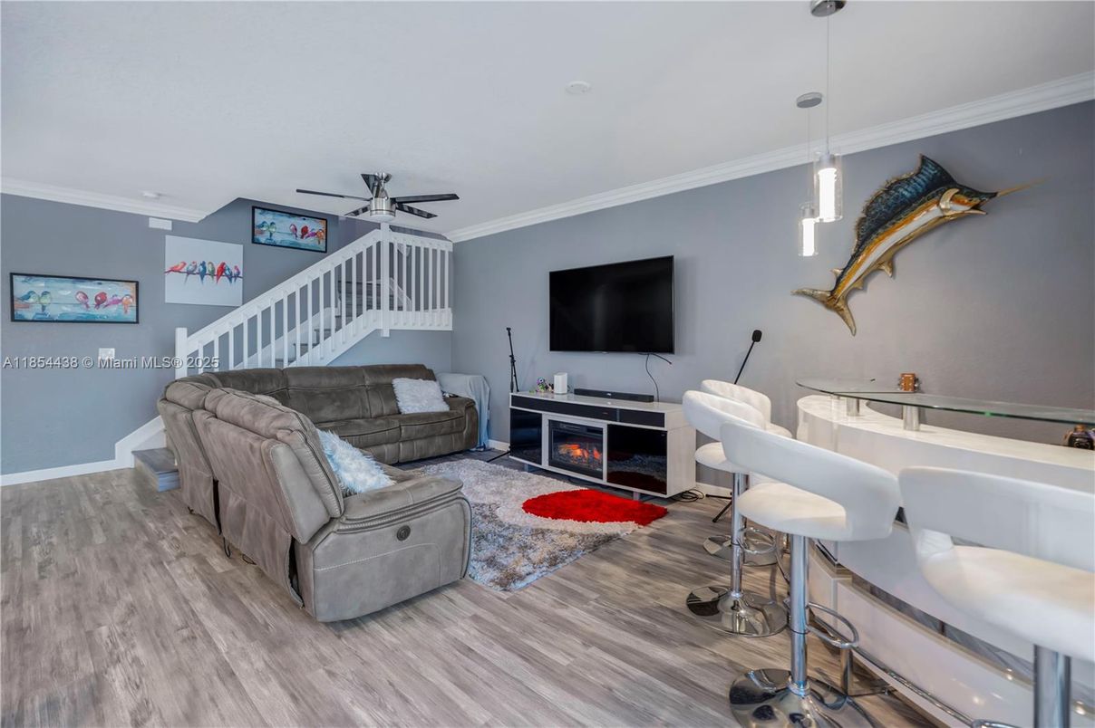 Fireplace, Interior, Living room, Pendant Lights, Wood Texture Flooring