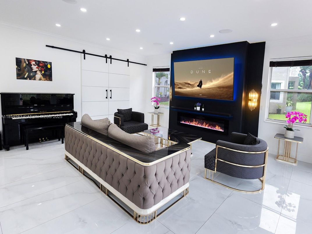 Fireplace, Interior, Living room, Marble, Piano, Recessed Lighting