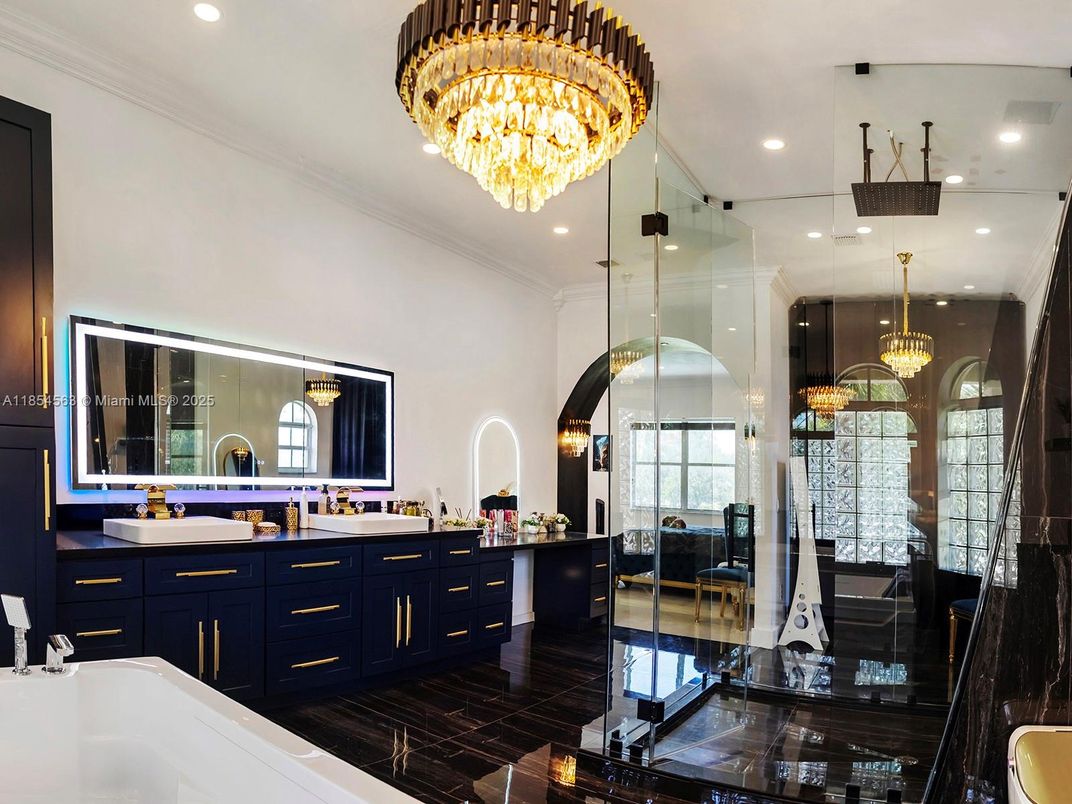 Bathroom, Chandelier, Dual Sink Vanities, Glass Shower, Interior, Recessed Lighting