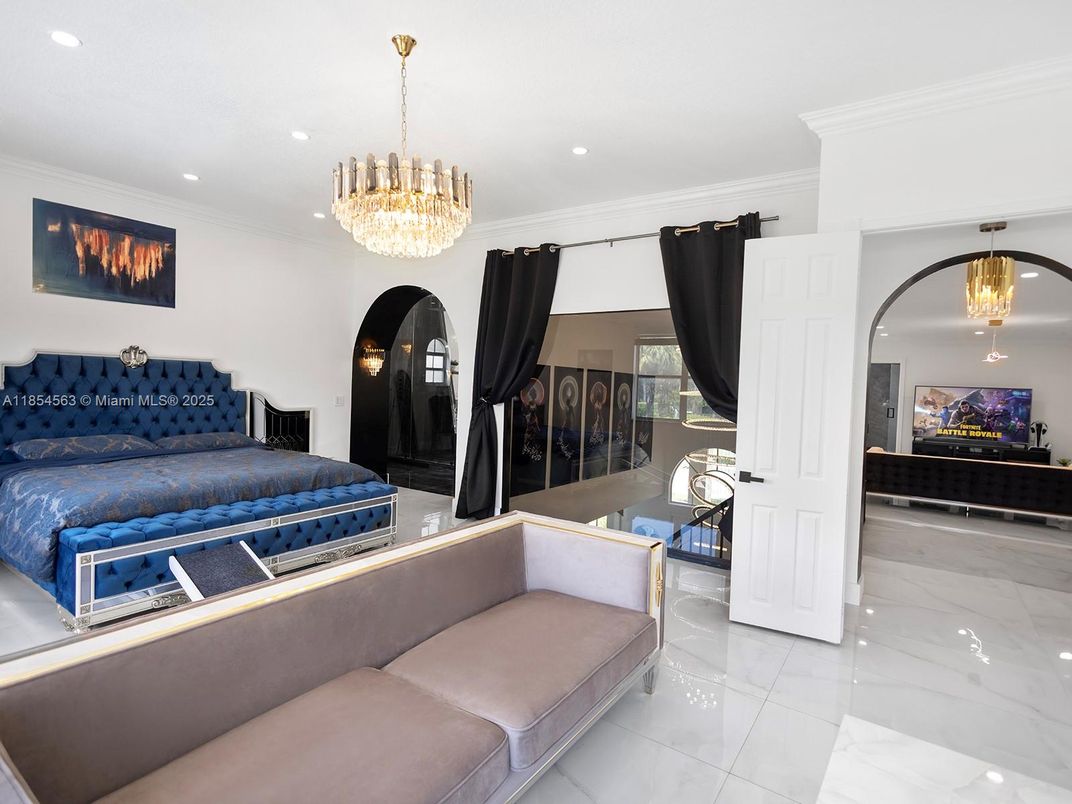 Bedroom, Chandelier, Interior, Marble, Recessed Lighting