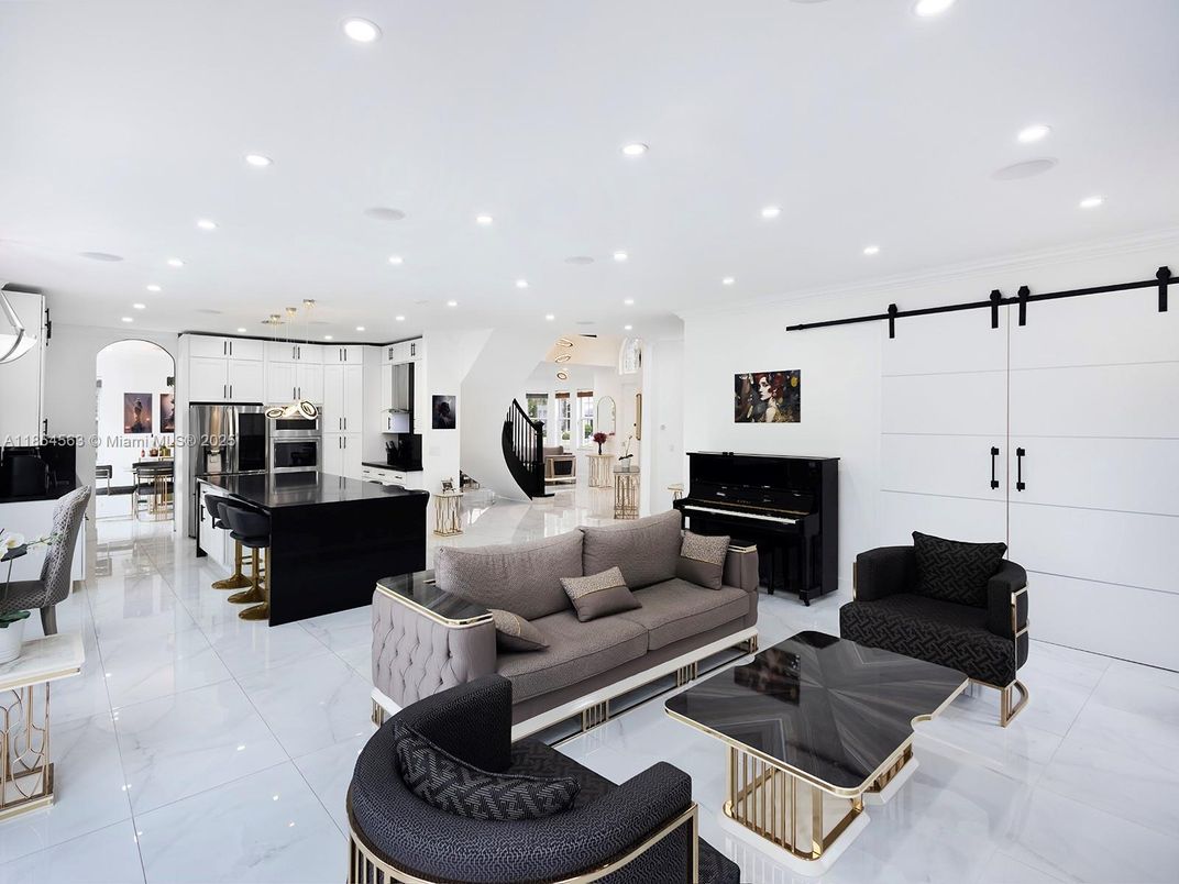 Interior, Kitchen, Living room, Marble, Recessed Lighting, Stainless Steel Appliances