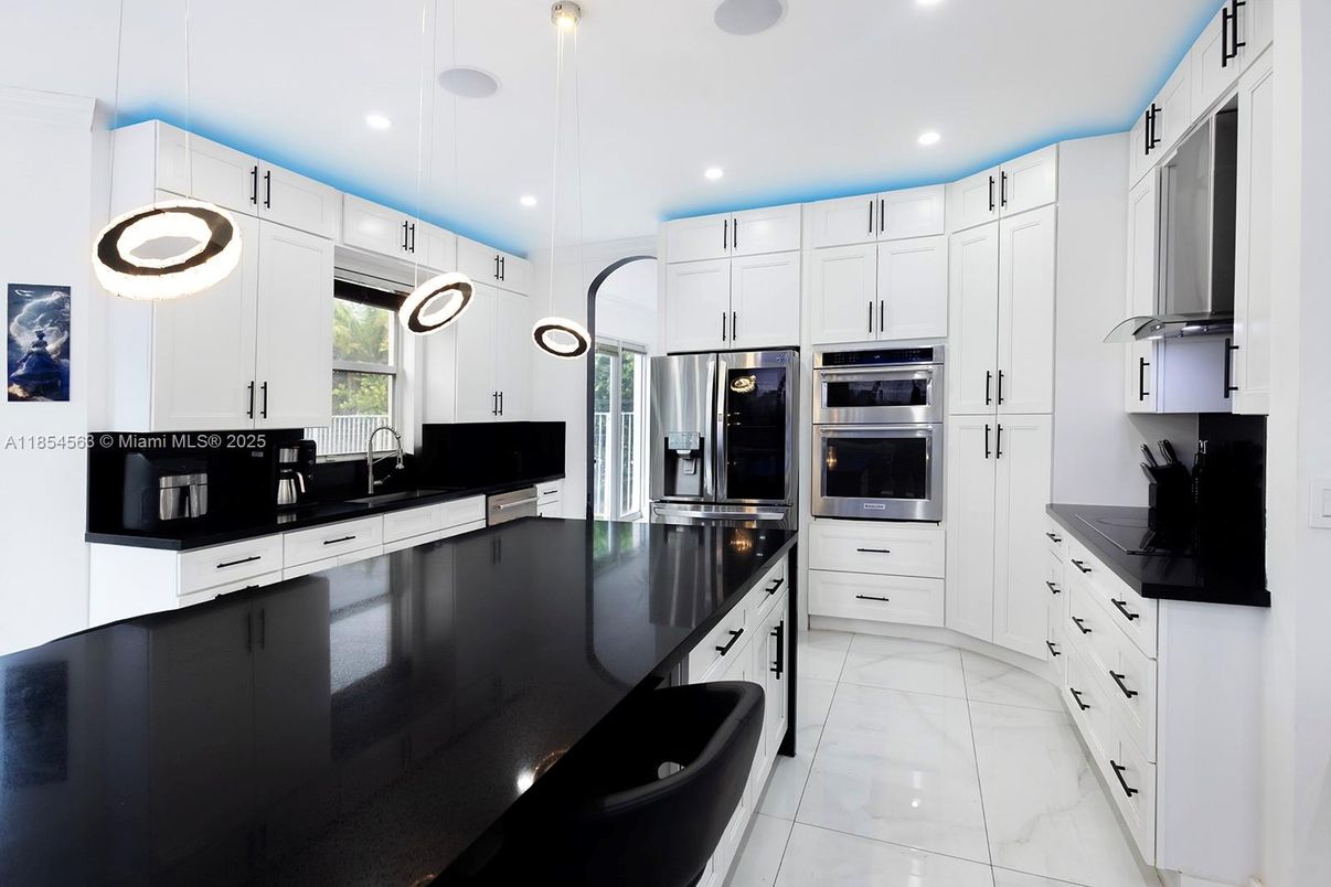 Interior, Kitchen, Marble, Pendant Lights, Recessed Lighting, Stainless Steel Appliances