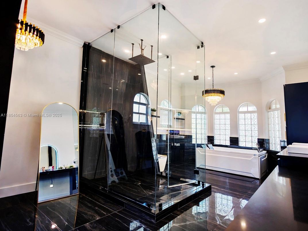 Bathroom, Glass Shower, Interior, Marble, Pendant Lights, Recessed Lighting