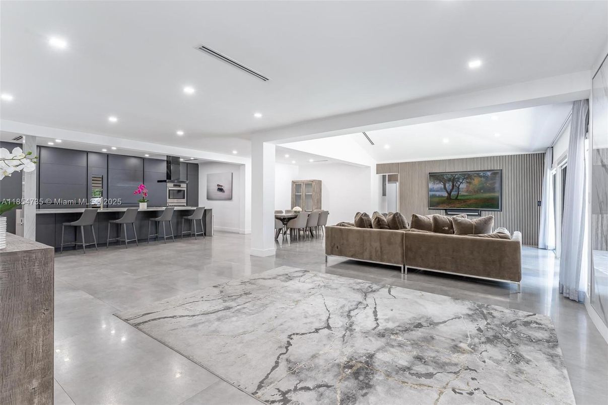 Dining room, Interior, Kitchen, Living room, Marble, Pendant Lights, Recessed Lighting, Stainless Steel Appliances
