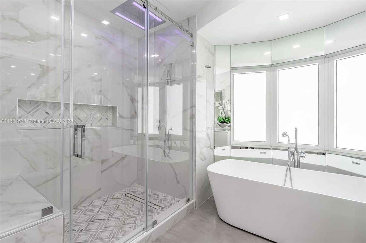 Bathroom, Free Standing Baths, Glass Shower, Interior, Marble Walls, Recessed Lighting