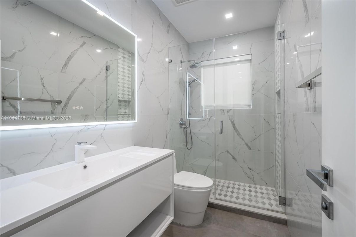 Bathroom, Glass Shower, Interior, Marble Walls, Recessed Lighting
