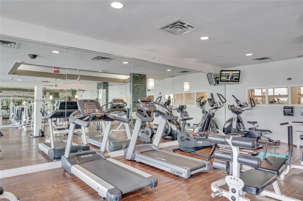 Fitness Equipment, Gym, Interior, Recessed Lighting, Wood Texture Flooring