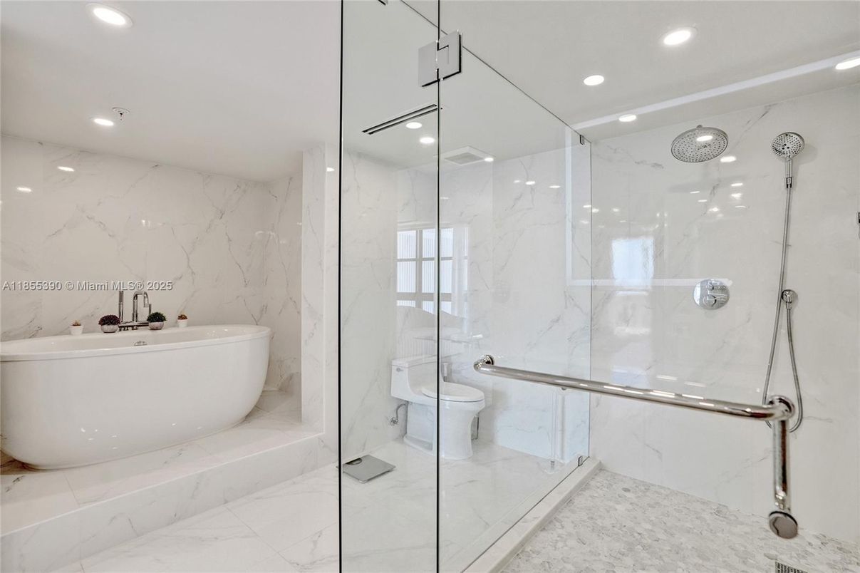 Bathroom, Free Standing Baths, Glass Shower, Interior, Marble, Marble Walls, Recessed Lighting