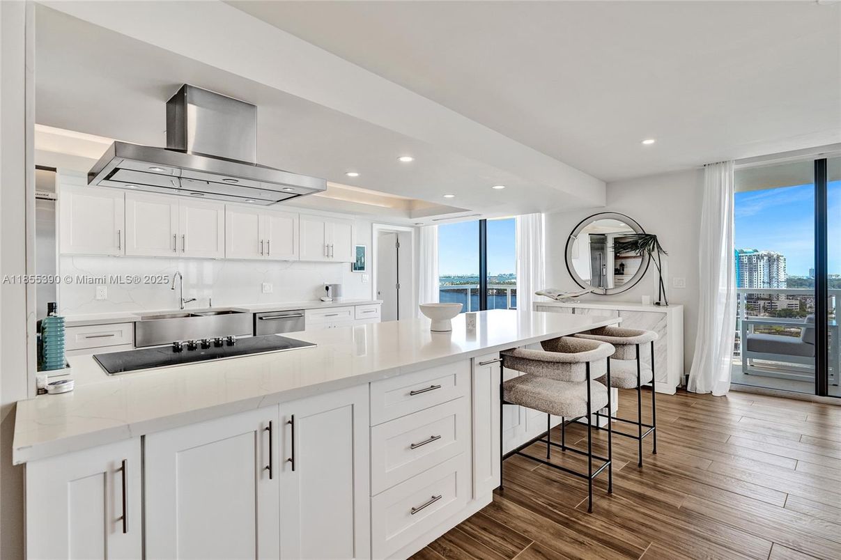 Interior, Kitchen, Recessed Lighting, Stainless Steel Appliances, Water, Wood Texture Flooring