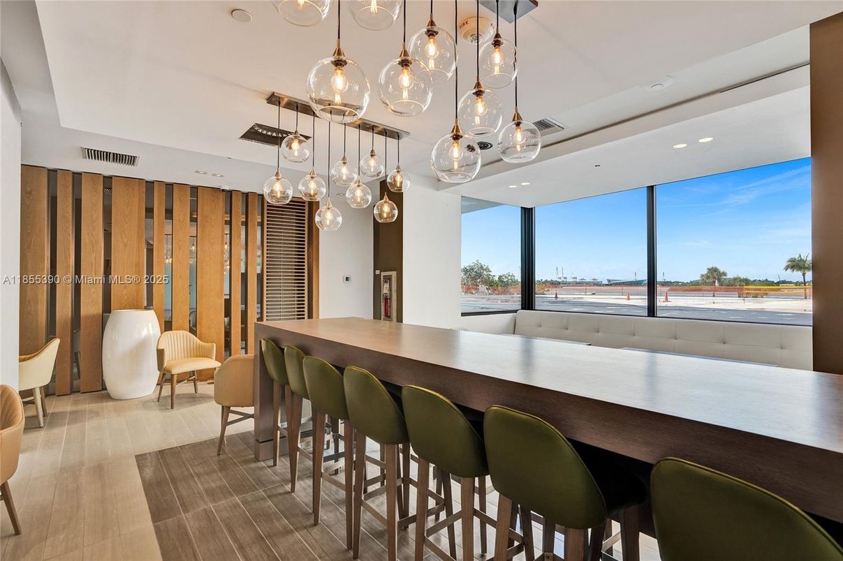 Dining room, Interior, Pendant Lights, Recessed Lighting, Water, Wood Texture Flooring