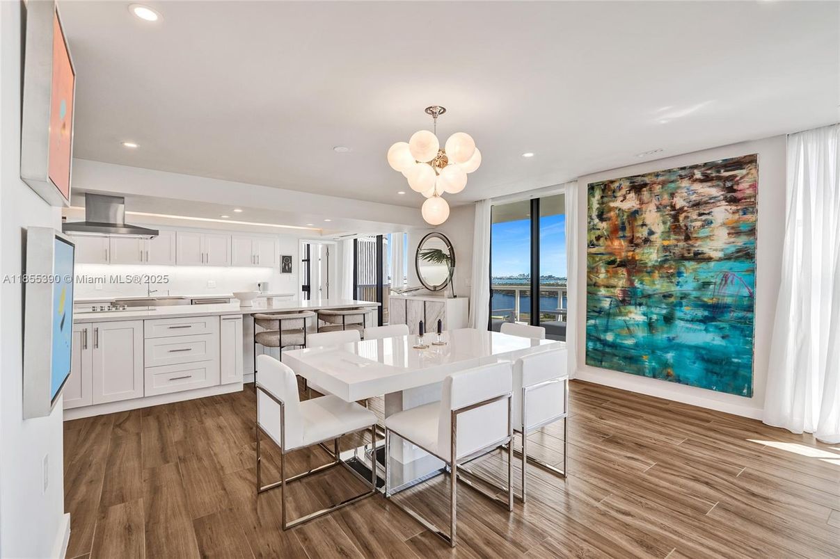 Dining room, Interior, Kitchen, Pendant Lights, Recessed Lighting, Water, Wood Texture Flooring
