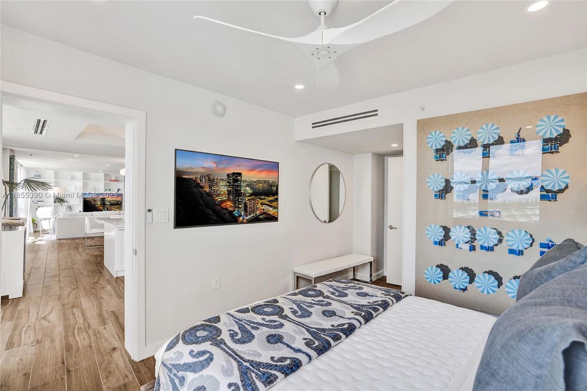 Bedroom, Interior, Recessed Lighting, Wood Texture Flooring
