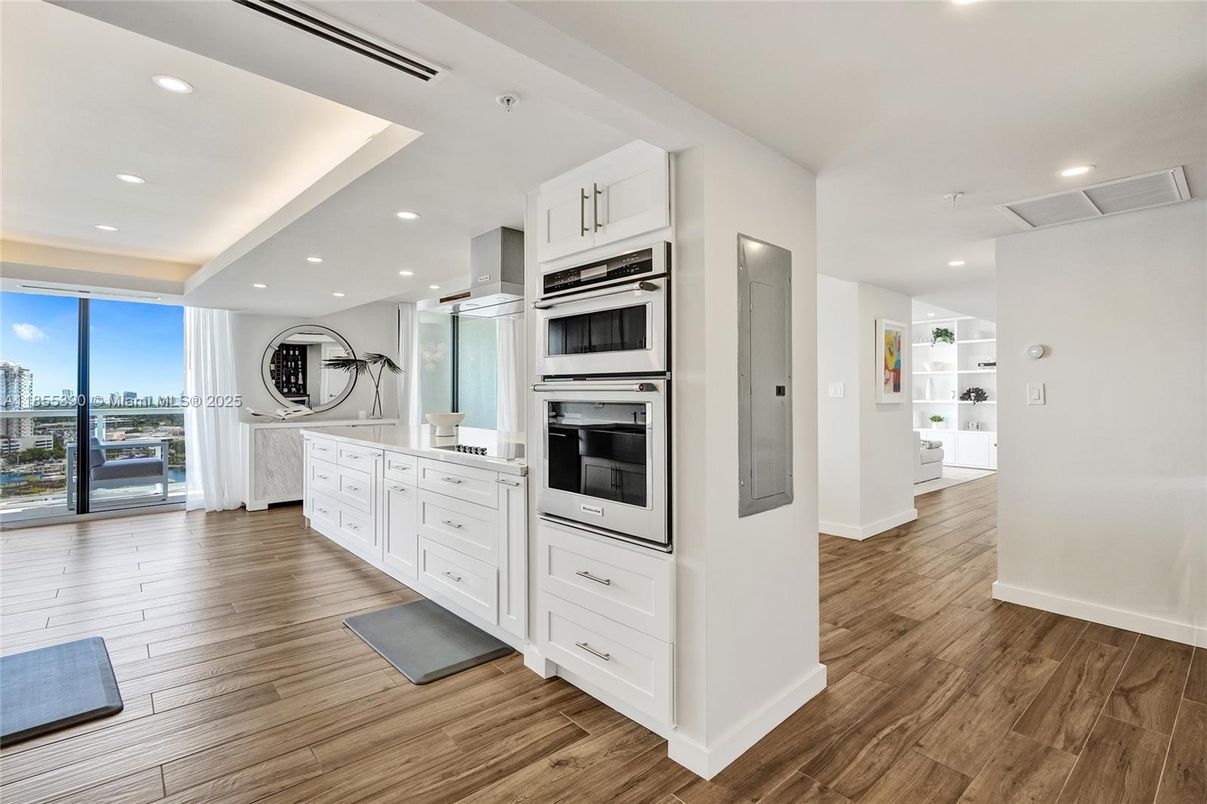 Interior, Kitchen, Recessed Lighting, Stainless Steel Appliances, Wood Texture Flooring