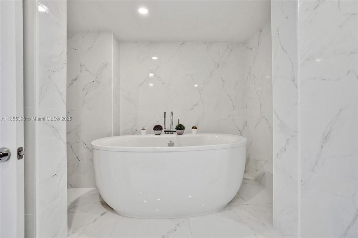 Bathroom, Free Standing Baths, Interior, Marble, Marble Walls, Recessed Lighting
