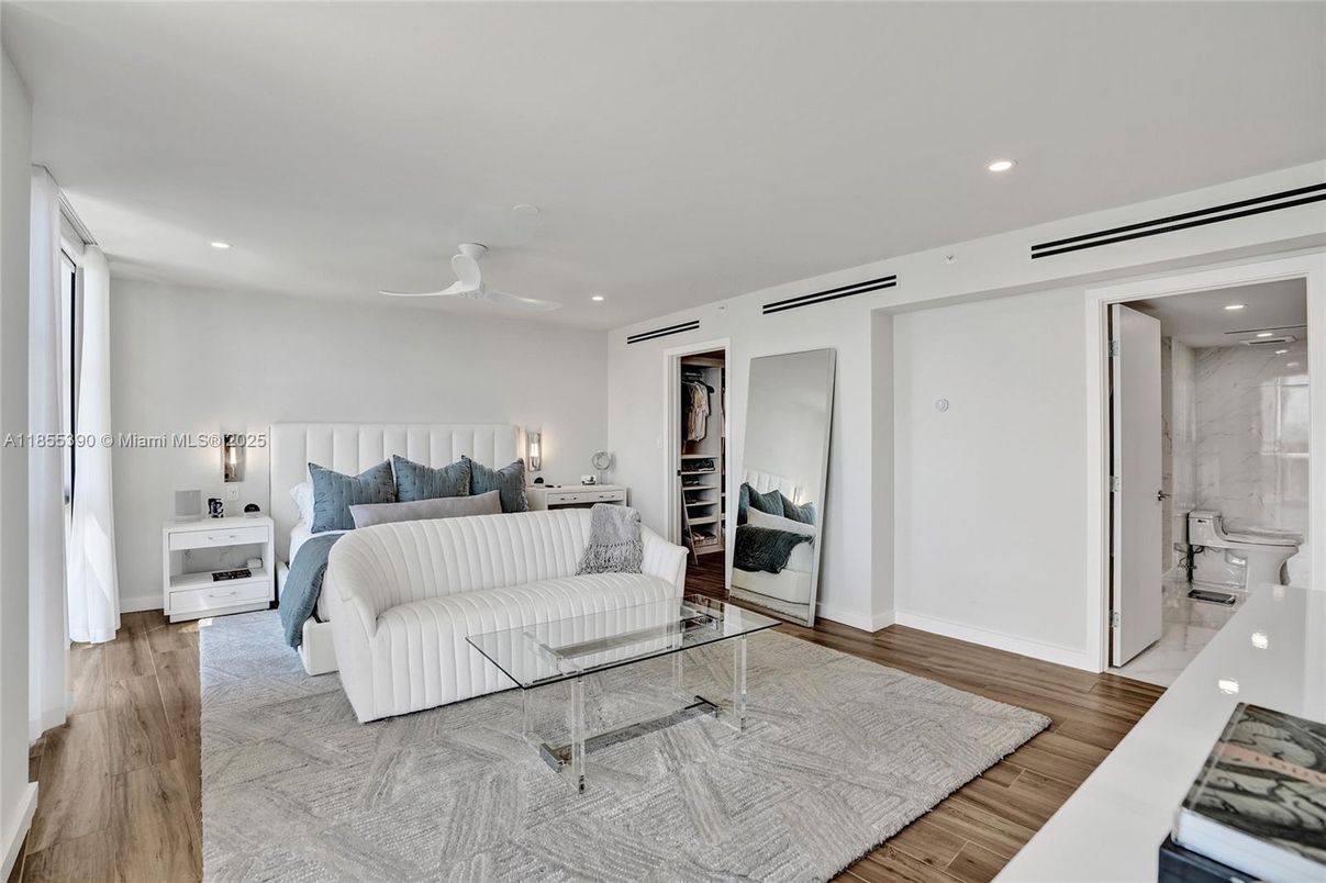 Bathroom, Bedroom, Glass Shower, Interior, Living room, Recessed Lighting, Wood Texture Flooring