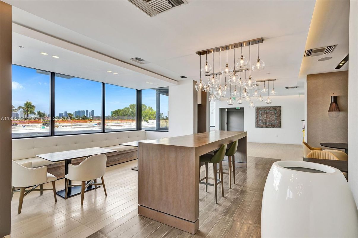 Dining room, Interior, Pendant Lights, Recessed Lighting, Water, Wood Texture Flooring