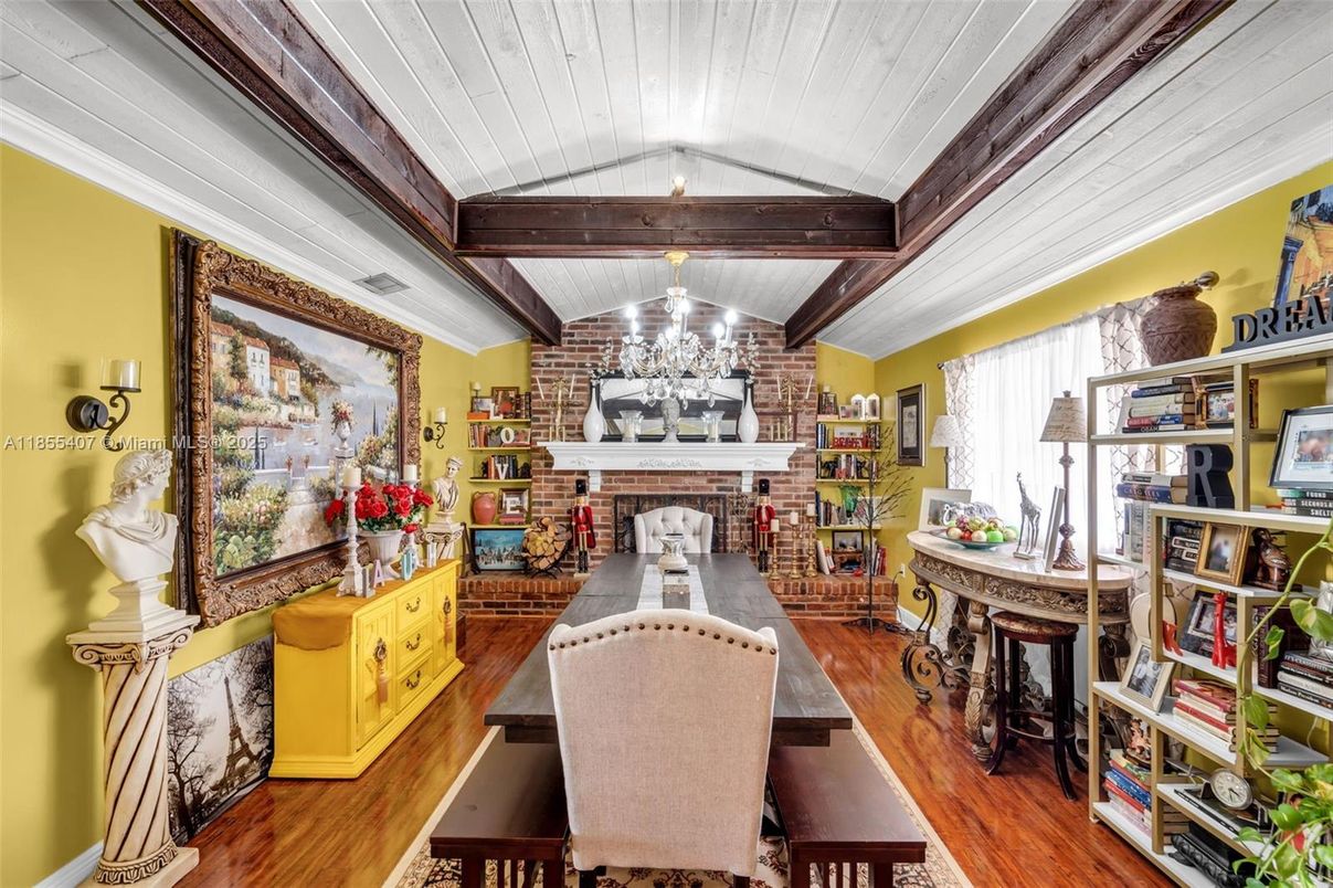 Chandelier, Dining room, Fireplace, Interior, Stone Walls, Wooden Beams, Wood Texture Flooring