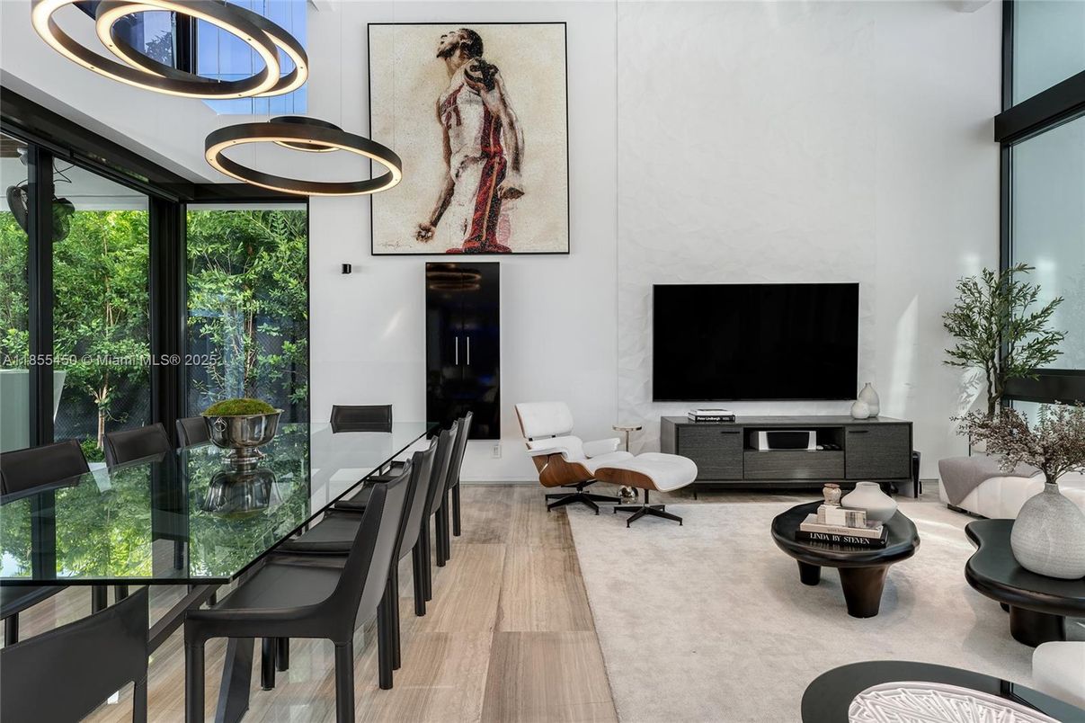 Dining room, Interior, Living room, Pendant Lights, Wood Texture Flooring