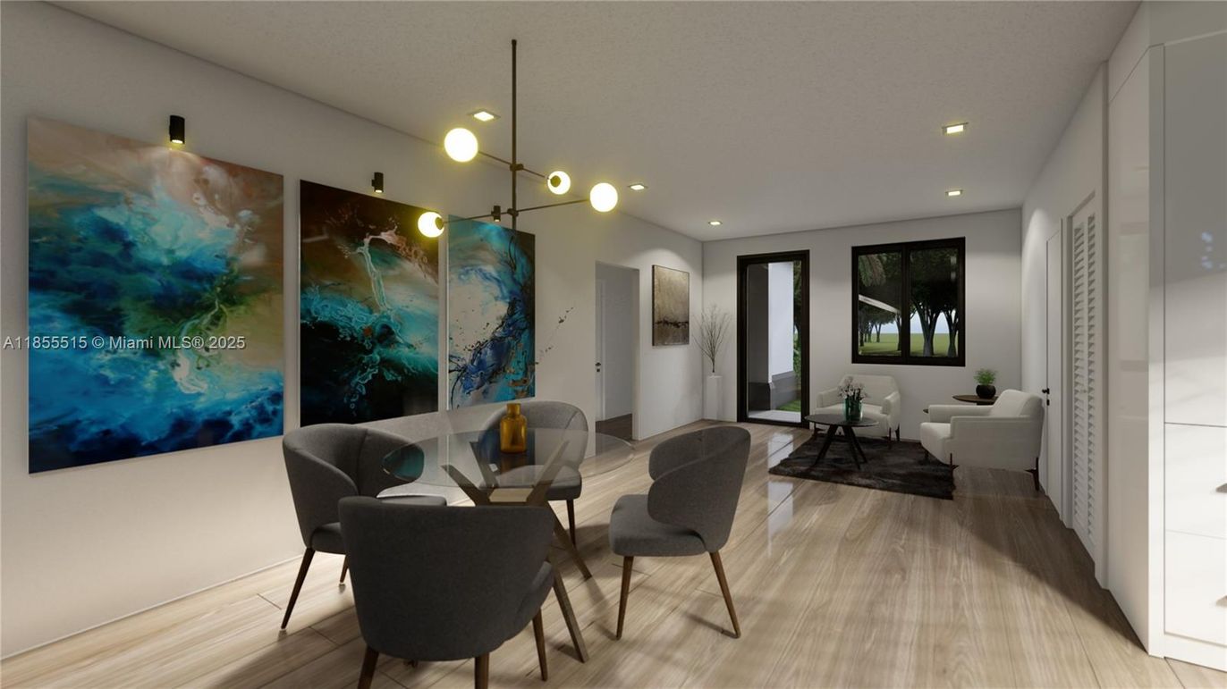 Dining room, Interior, Living room, Pendant Lights, Recessed Lighting, Wood Texture Flooring
