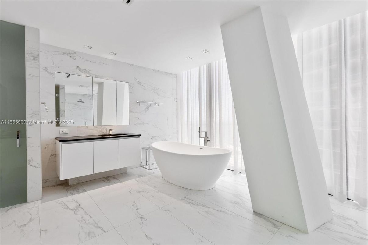 Bathroom, Free Standing Baths, Interior, Marble, Marble Walls, Recessed Lighting