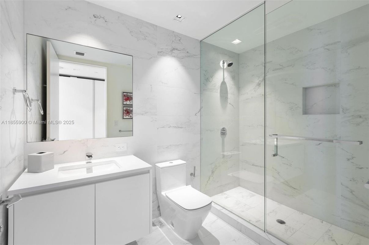 Bathroom, Glass Shower, Interior, Marble, Marble Walls, Recessed Lighting