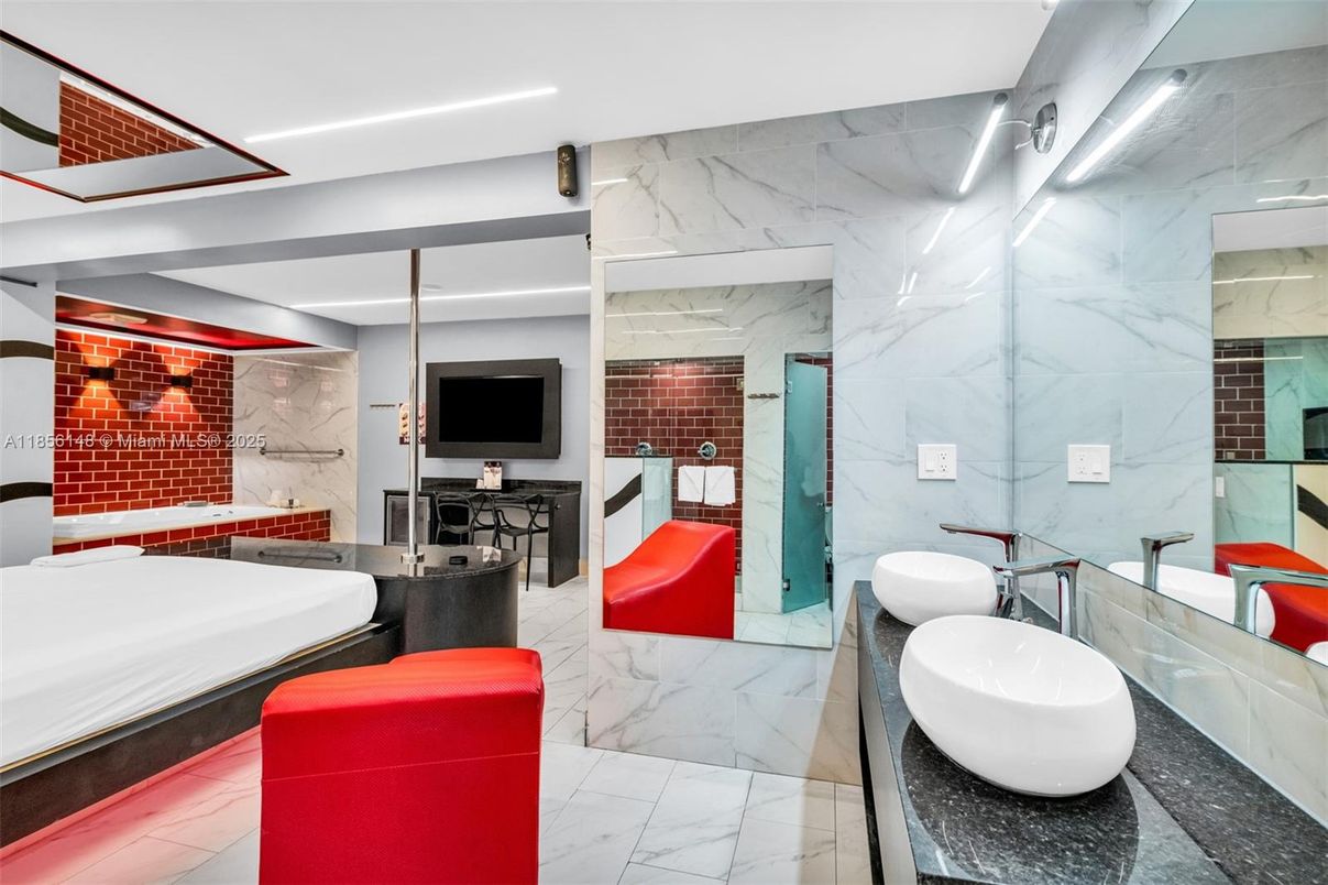 Bathroom, Free Standing Baths, Glass Shower, Interior, Marble, Marble Walls, Recessed Lighting