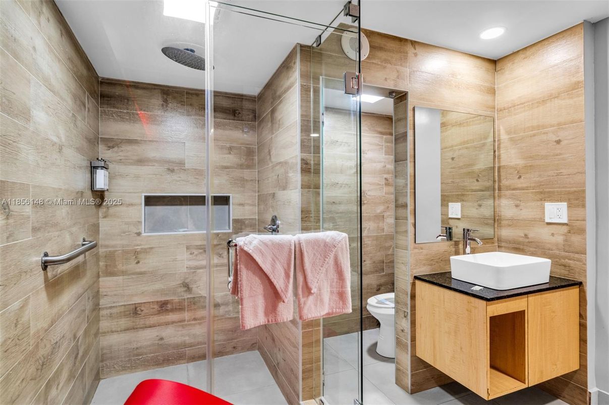 Bathroom, Glass Shower, Interior, Recessed Lighting, Wooden Walls