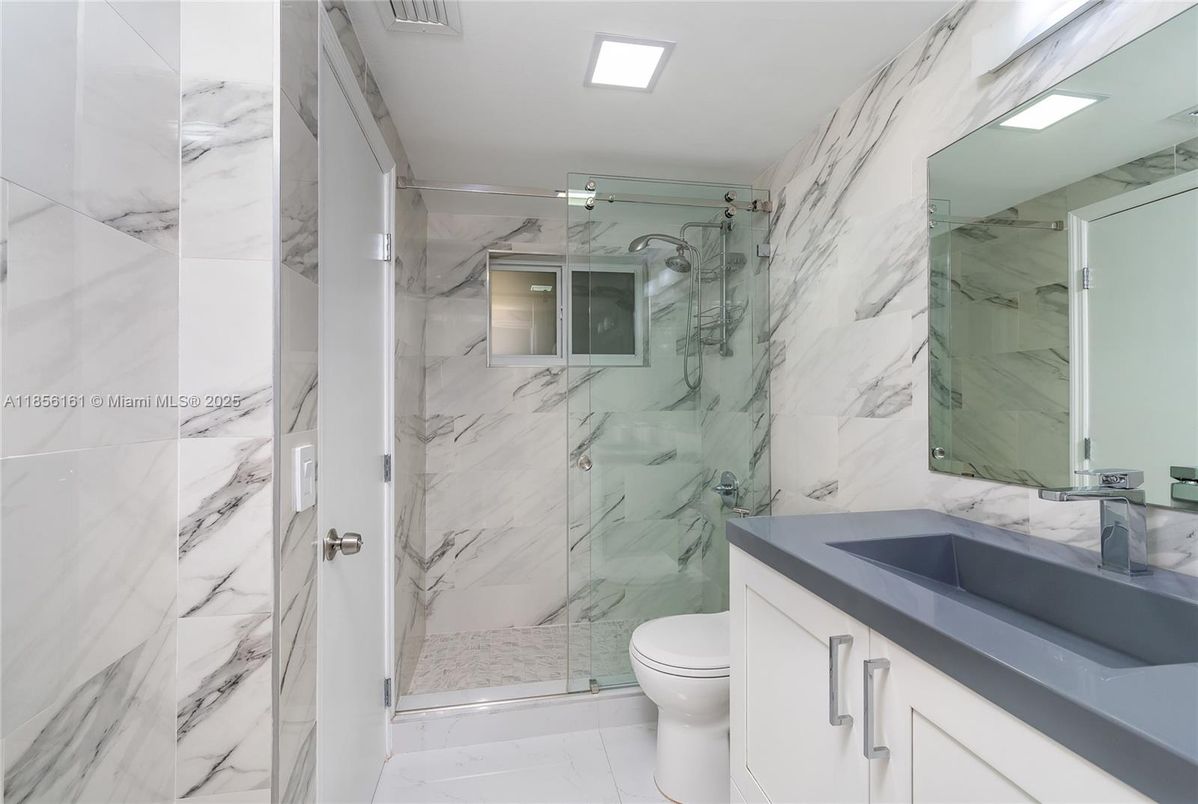 Bathroom, Glass Shower, Interior, Marble, Marble Walls, Recessed Lighting