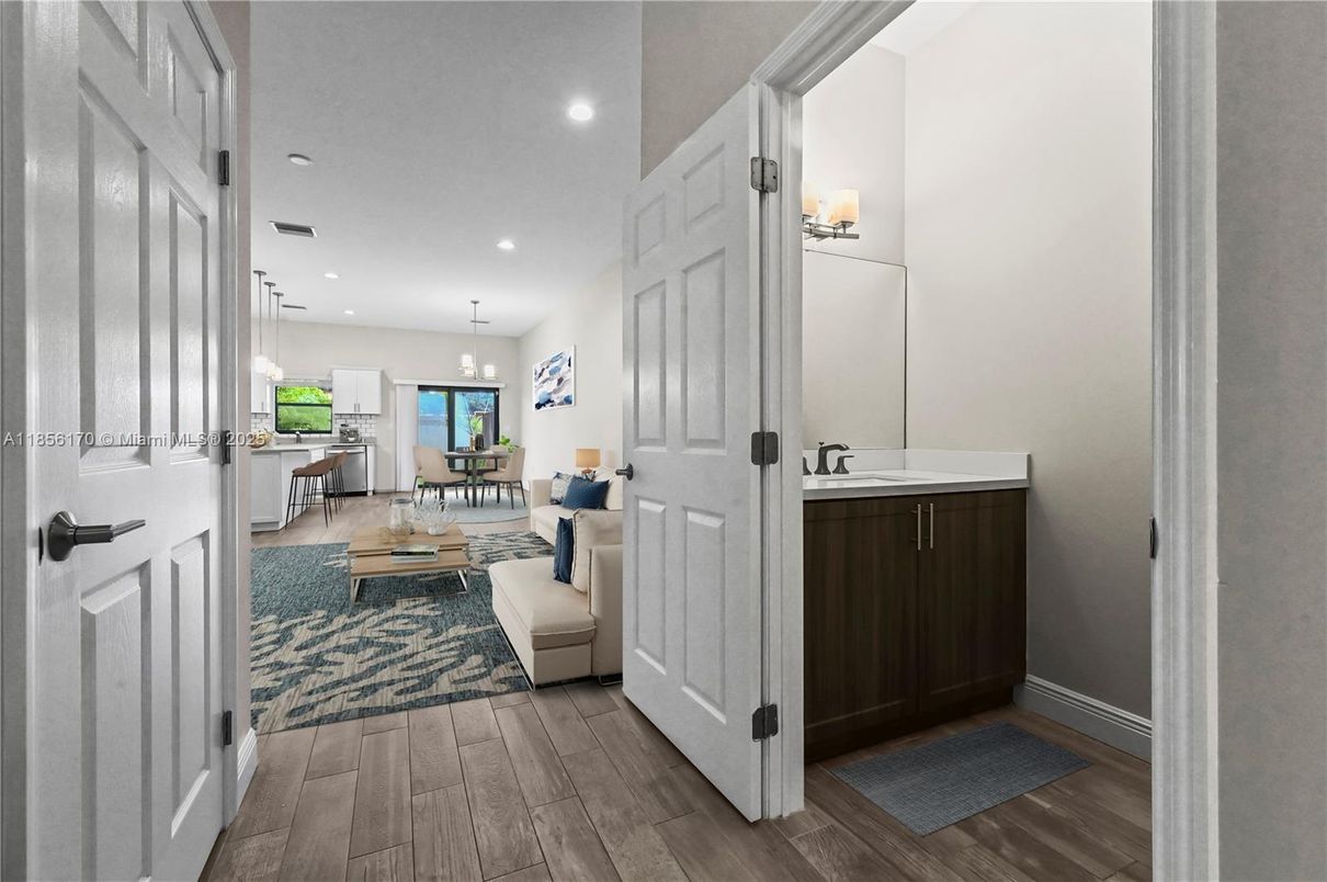 Dining room, Interior, Living room, Pendant Lights, Recessed Lighting, Wood Texture Flooring