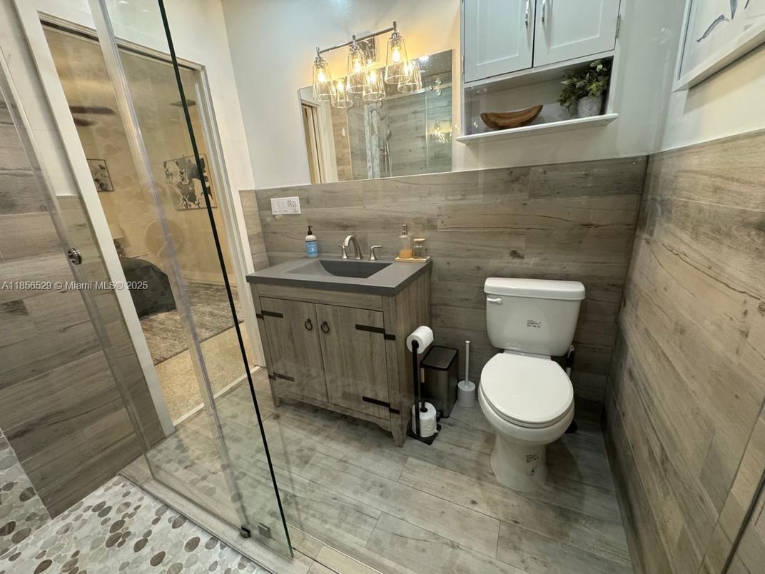 Bathroom, Glass Shower, Interior, Wood Texture Flooring