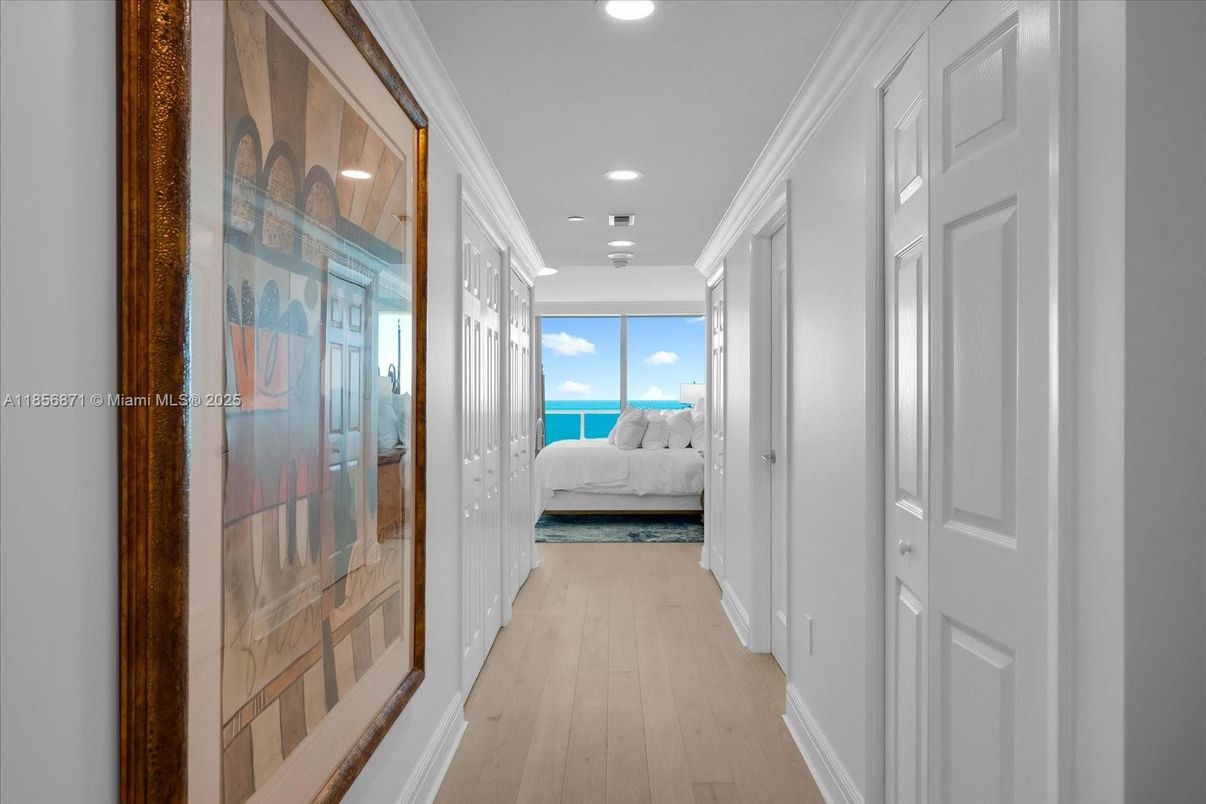 Bedroom, Interior, Recessed Lighting, Water, Wood Texture Flooring