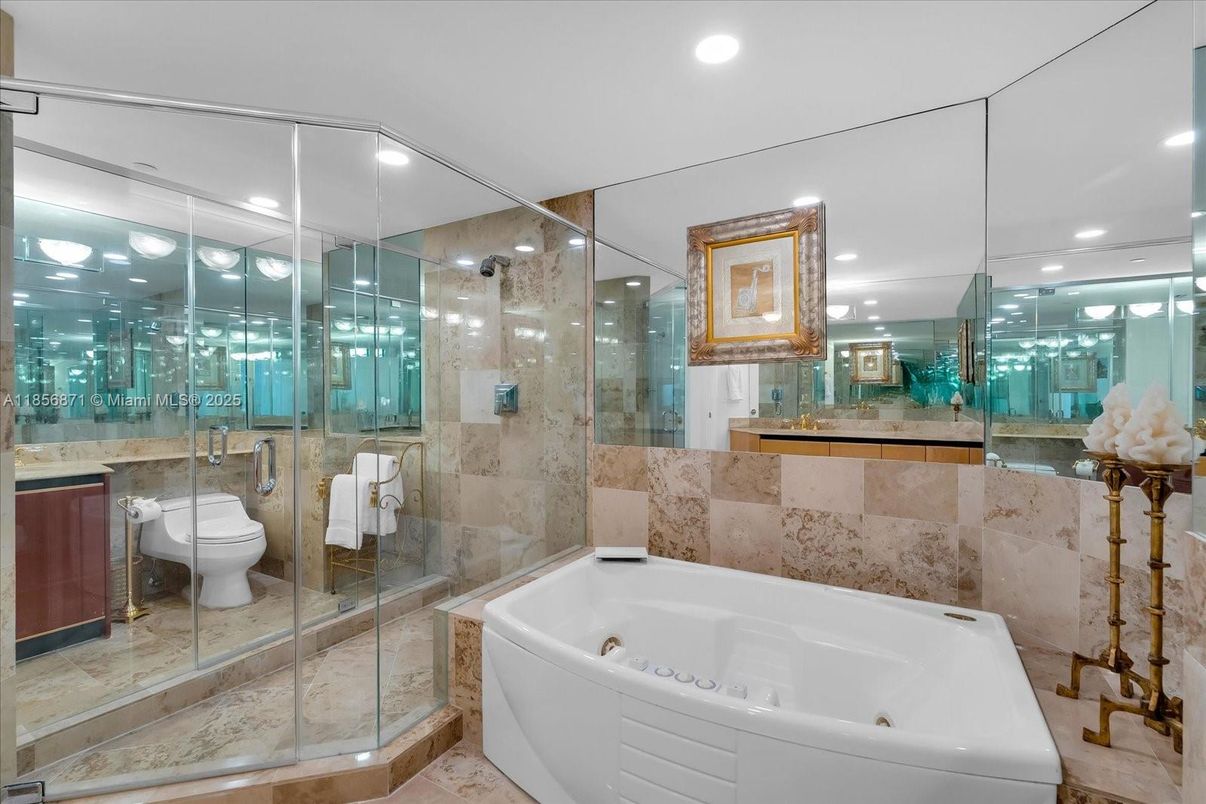 Bathroom, Free Standing Baths, Glass Shower, Interior, Recessed Lighting