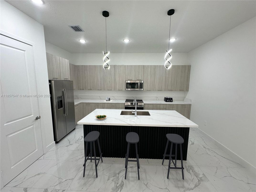 Interior, Kitchen, Marble, Pendant Lights, Recessed Lighting, Stainless Steel Appliances