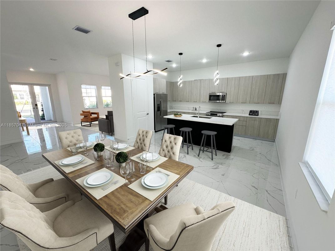 Dining room, Interior, Kitchen, Marble, Pendant Lights, Recessed Lighting, Stainless Steel Appliances