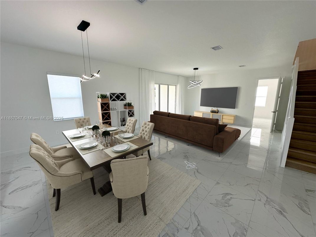 Dining room, Interior, Living room, Marble, Pendant Lights