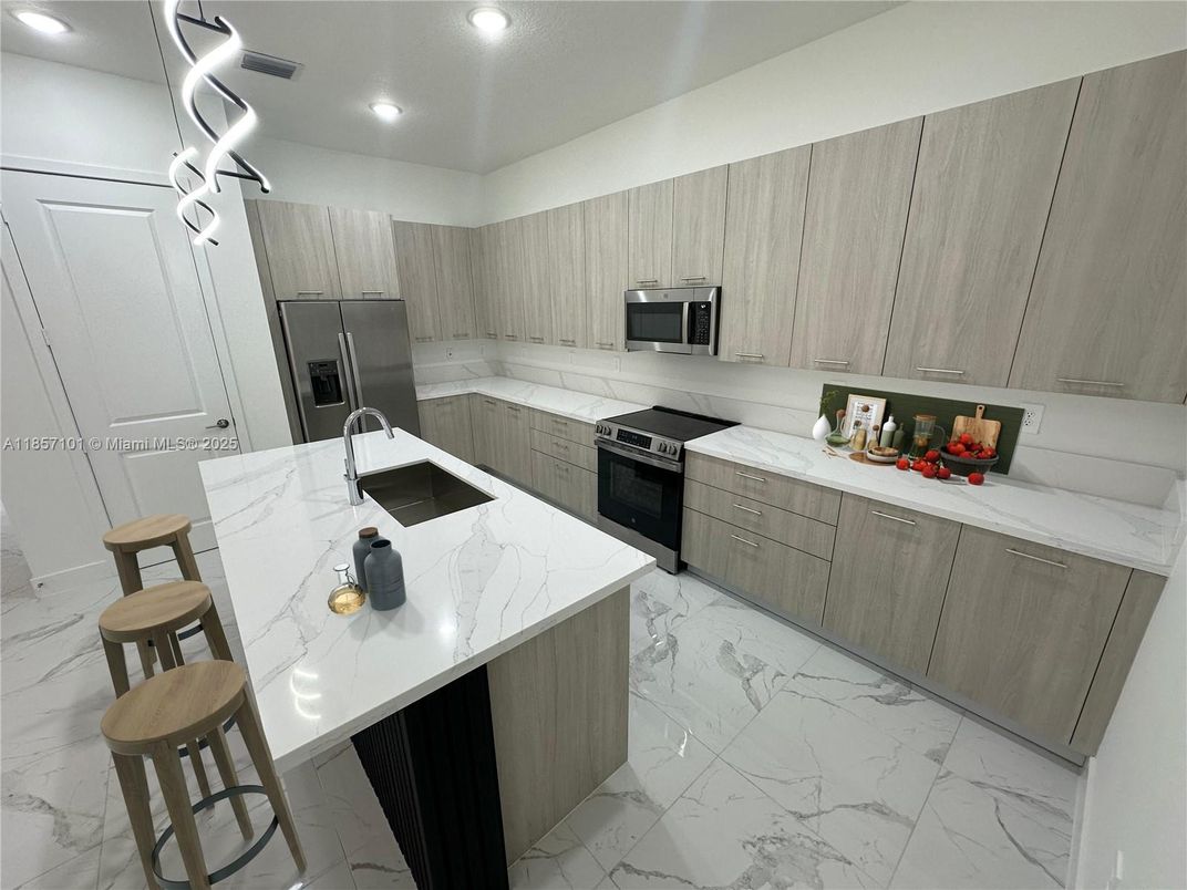 Interior, Kitchen, Marble, Recessed Lighting, Stainless Steel Appliances