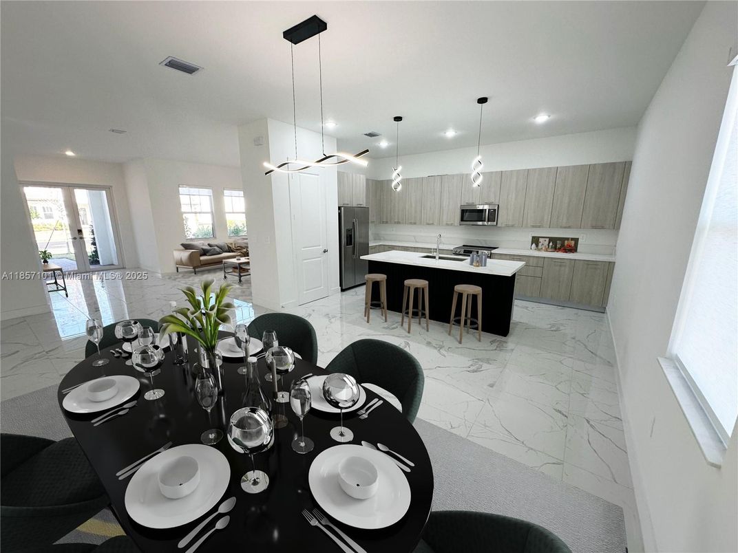 Dining room, Interior, Kitchen, Marble, Pendant Lights, Recessed Lighting