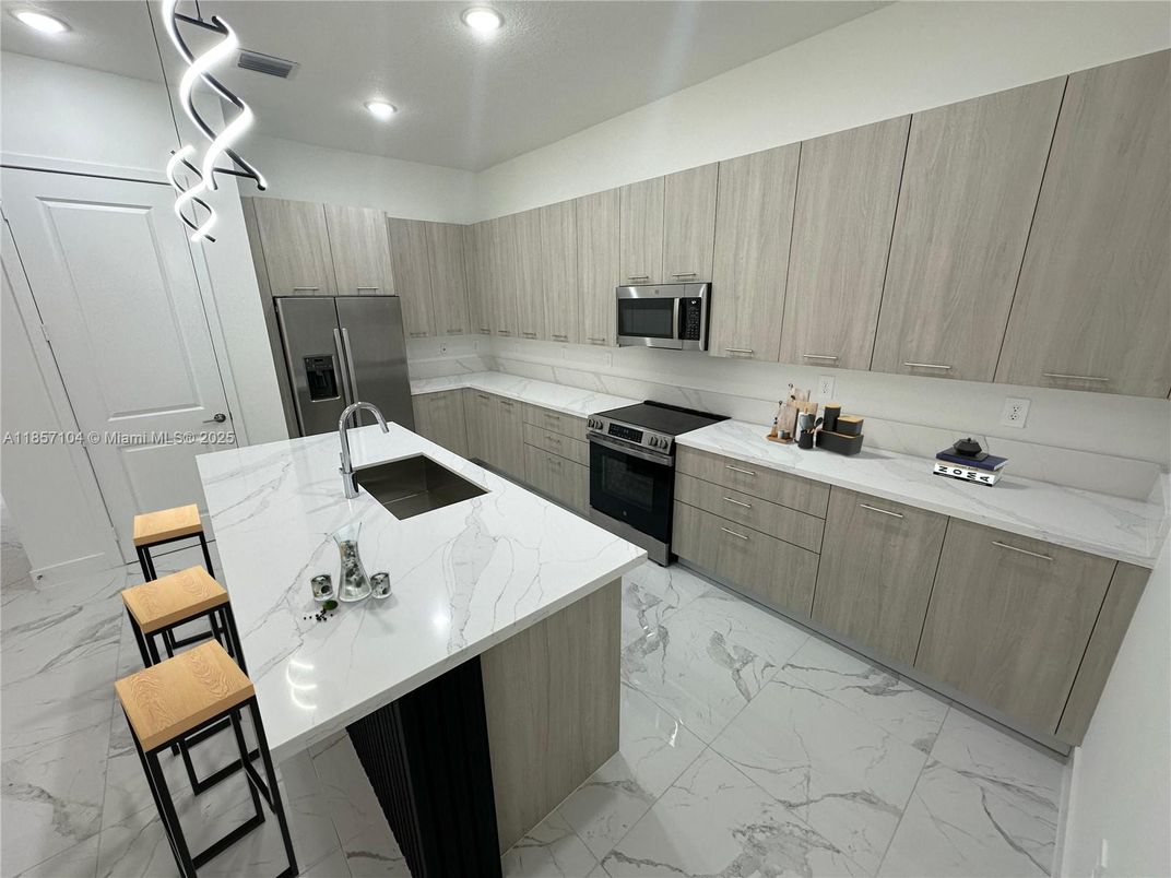 Interior, Kitchen, Marble, Recessed Lighting, Stainless Steel Appliances