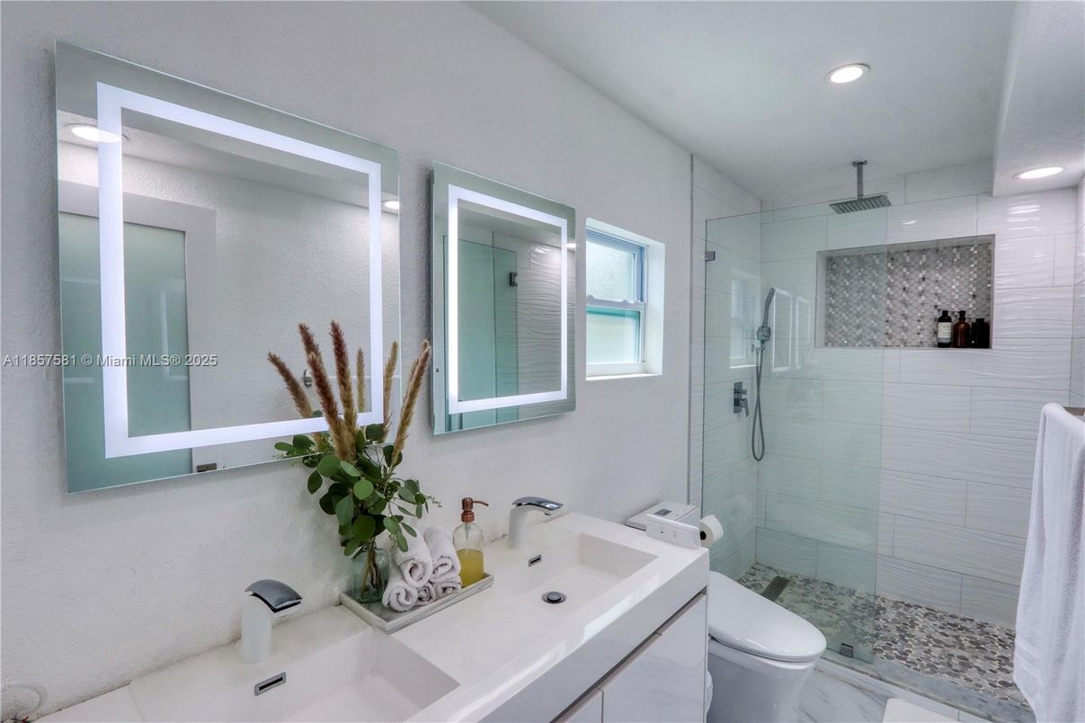 Bathroom, Dual Sink Vanities, Glass Shower, Interior, Marble, Recessed Lighting
