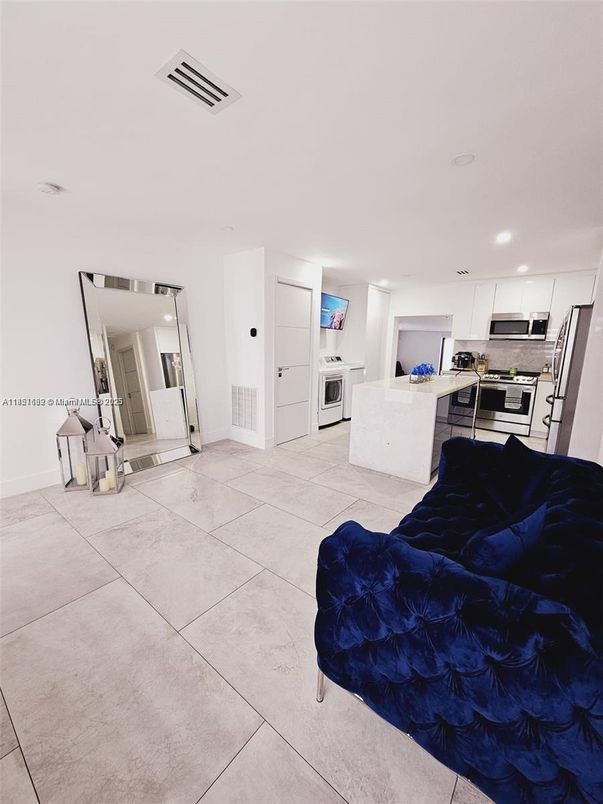 Fireplace, Interior, Kitchen, Recessed Lighting, Stainless Steel Appliances