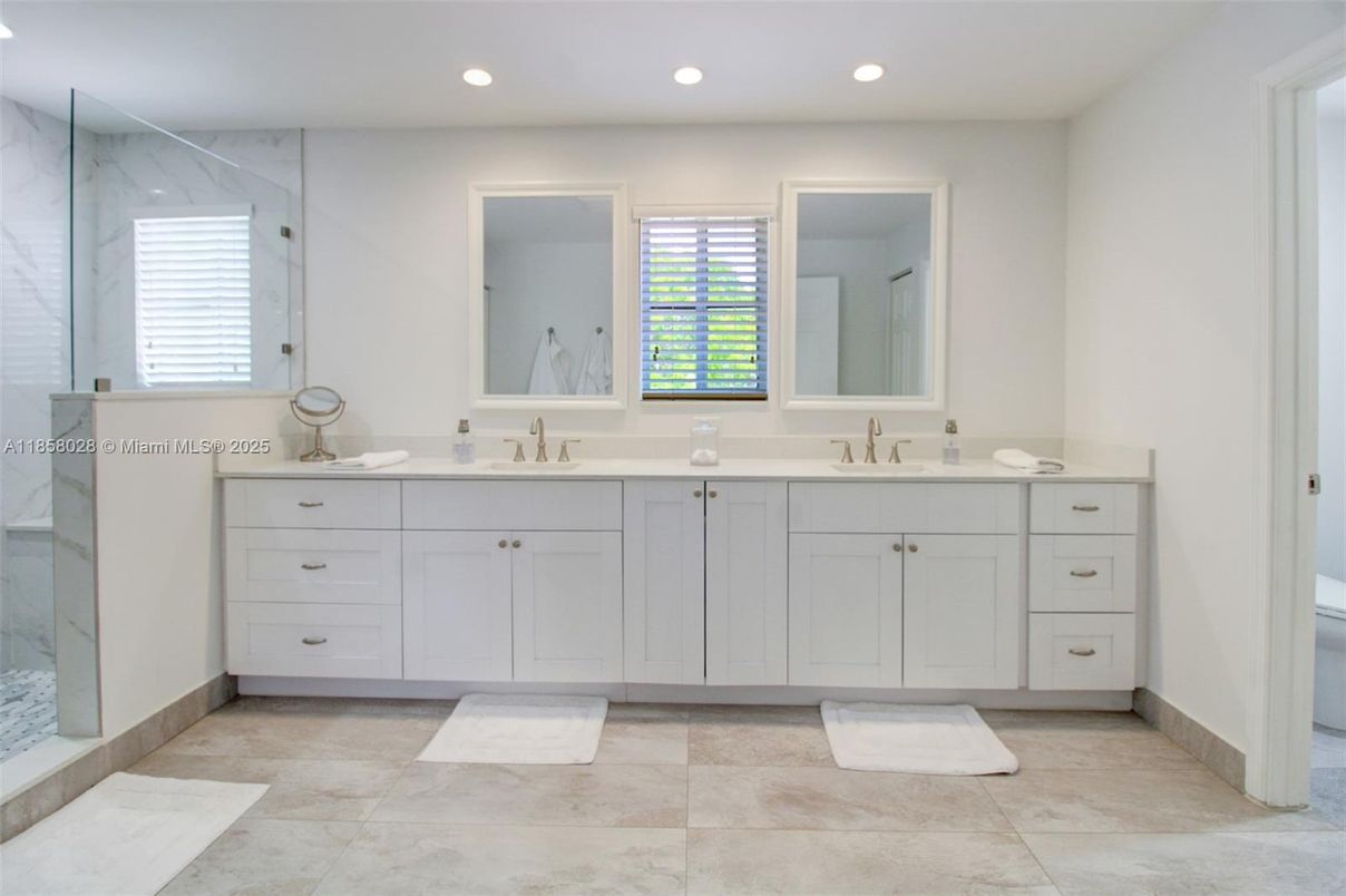 Bathroom, Dual Sink Vanities, Interior, Marble Walls, Recessed Lighting