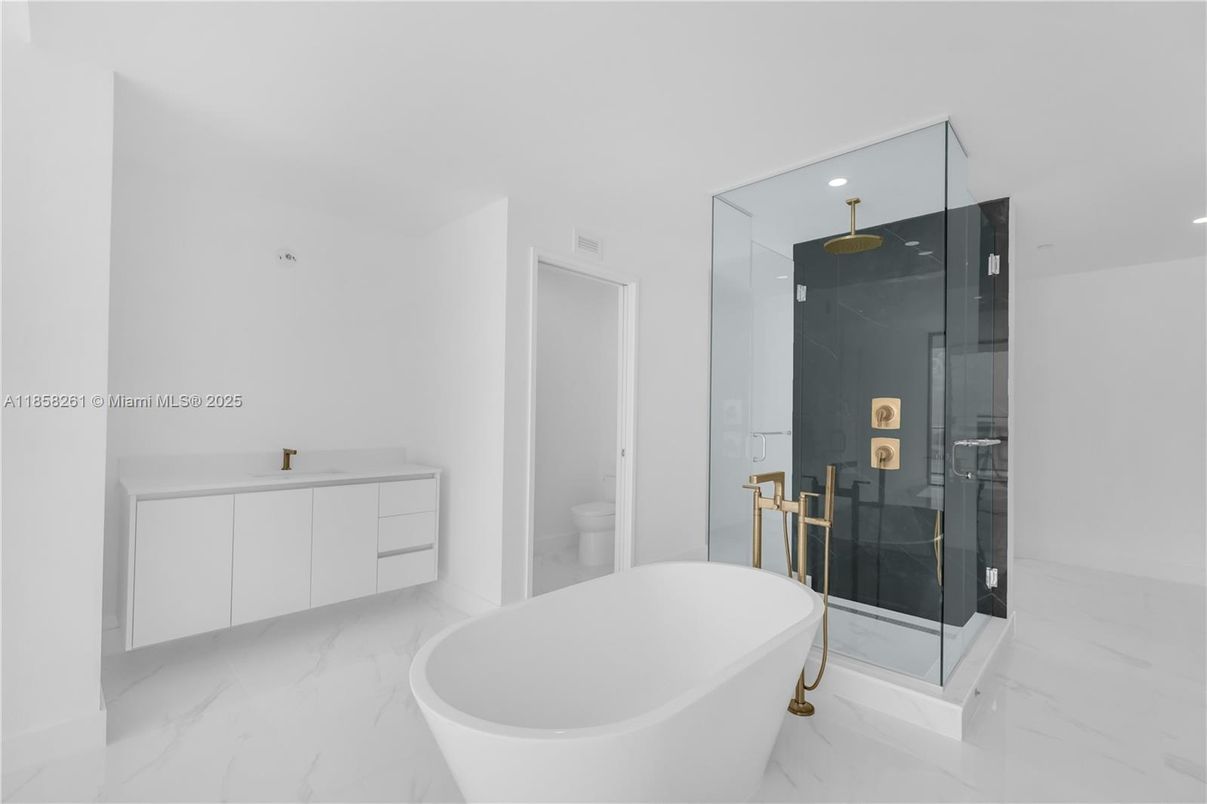 Bathroom, Free Standing Baths, Glass Shower, Interior, Marble, Recessed Lighting